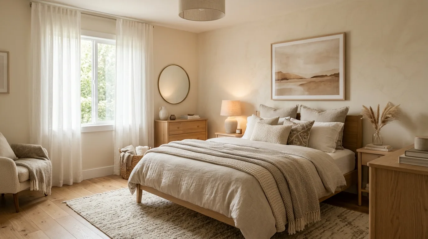 Bring in wood tones that ground the softer palette inspiration for a neutral home interior.